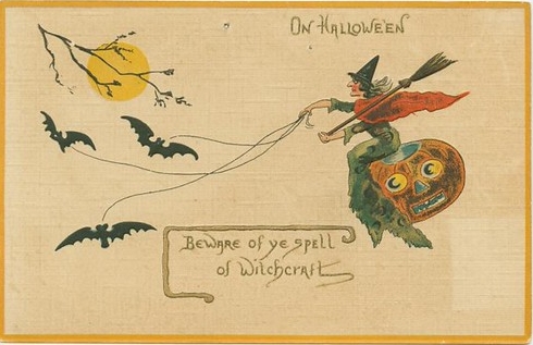 En heks som rir på et gresskar med flaggermus